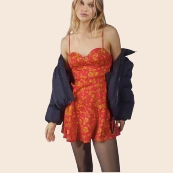 Urban Outfitters Red & Gold French Provincial Floral Mini Dress Size Small - Picture 1 of 12
